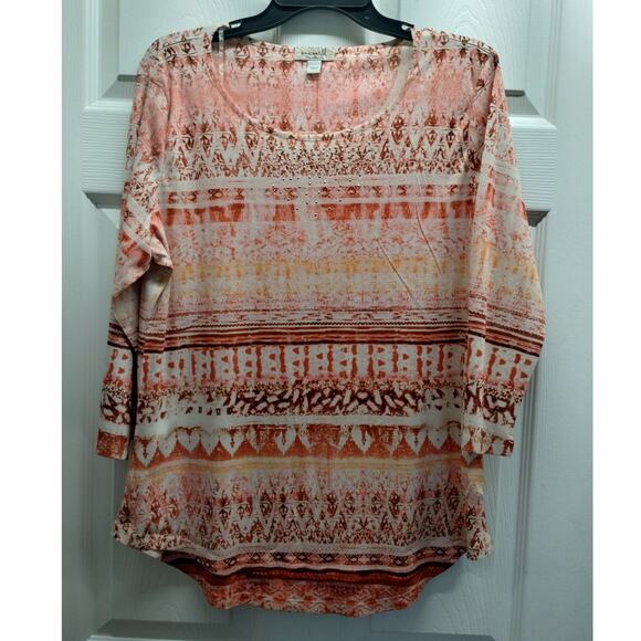 One World Women's Size Large Abstract Boho Embellished 3/4 Sleeves Top - Picture 1 of 6